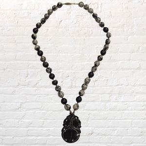 VINTAGE BEAD HEMATITE HAND KNOTTED NECKLACE WITH‎ LARGE PENDANT